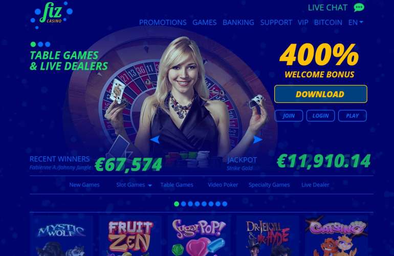 400% up to €1500 on first deposit in Fiz